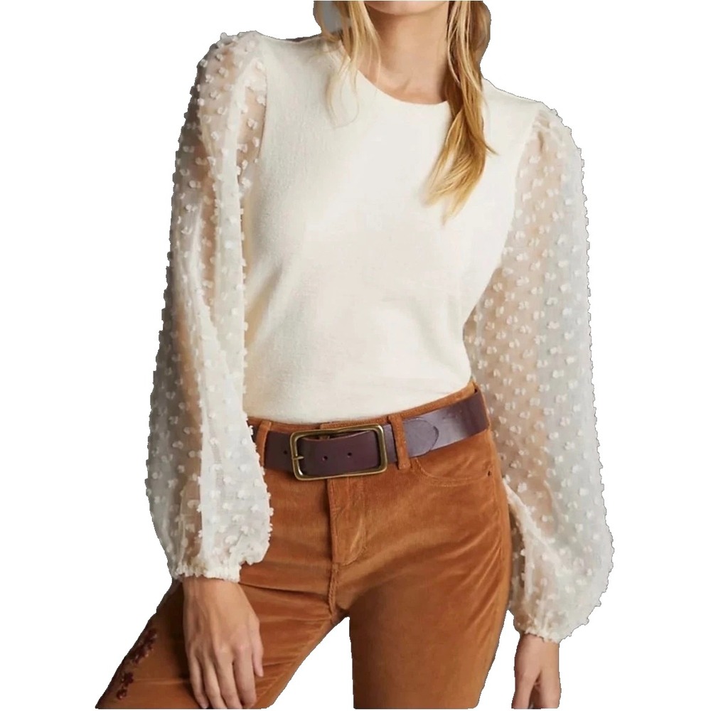 Anthropologie Maeve Ivory Textured Sheer Sleeve Blouse Top‎ X-Small Boho Preppy